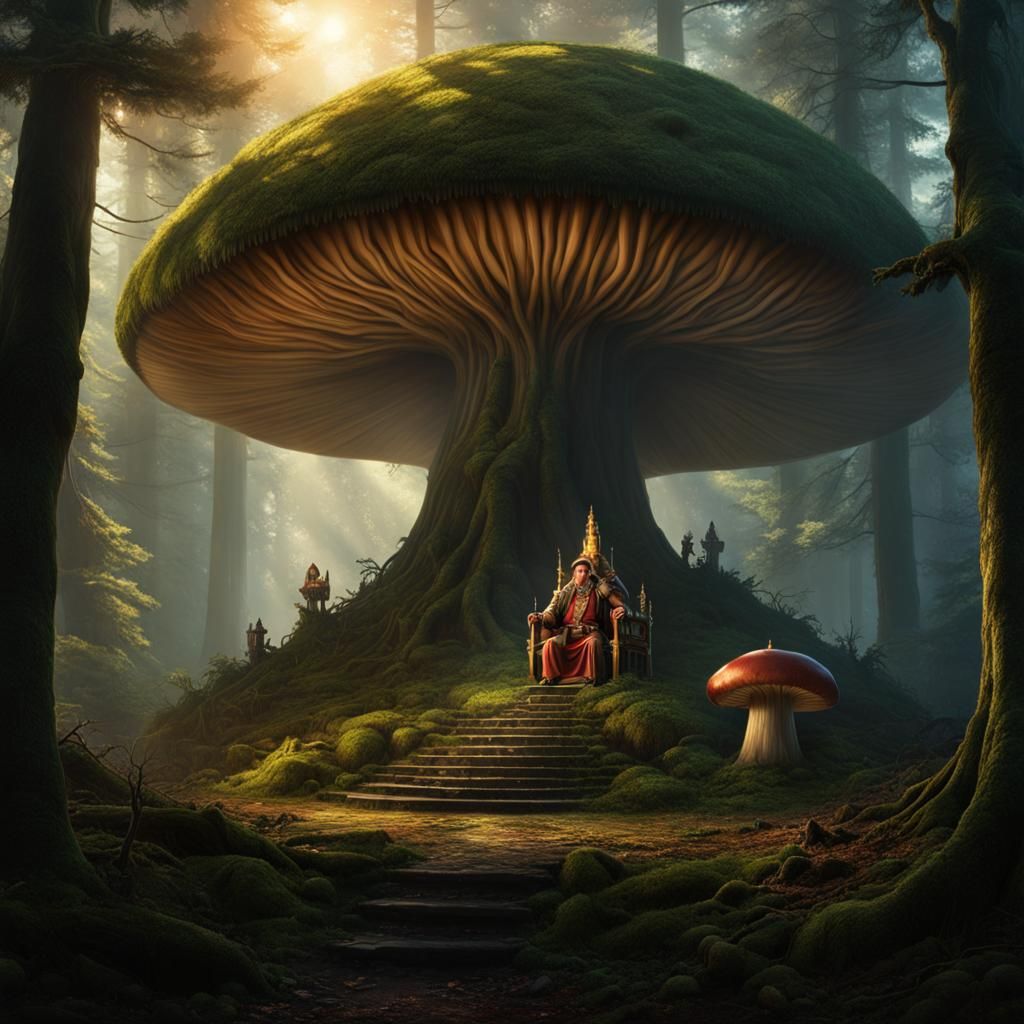 Mushroom King on Golden Throne in Forest, Dark Fantasy Art