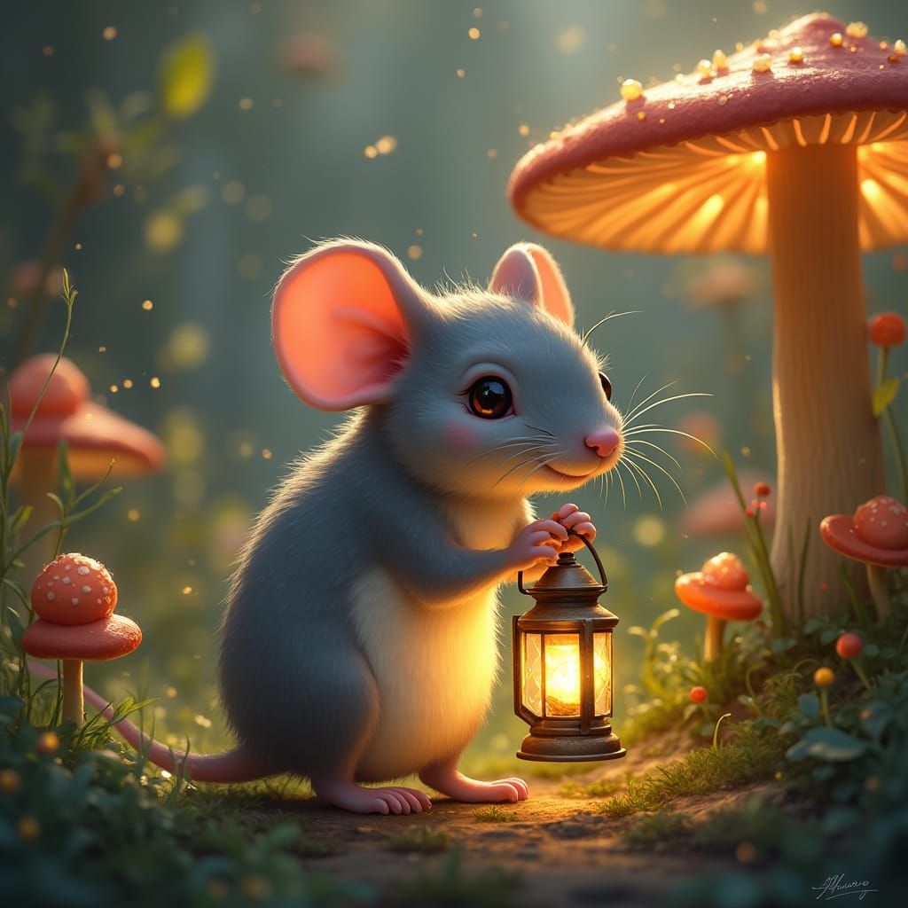 Whimsical Gray Rat in a Vibrant Oversized Garden, Inspired b...
