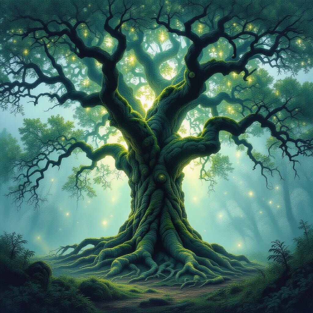 Ancient Oak Tree in Misty Forest Oil Painting