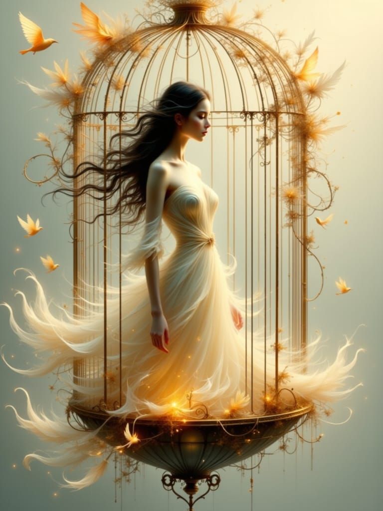 Woman in Floating Birdcage at Dawn