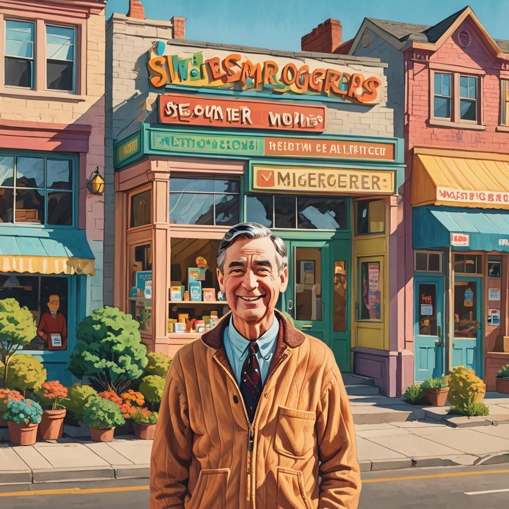 Whimsical Neighborhood Scene with Mister Rogers