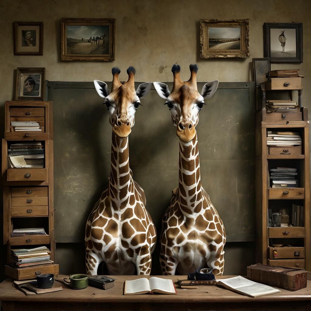 Distressed Portrait of a Long-Necked Giraffe in a Chiaroscur...