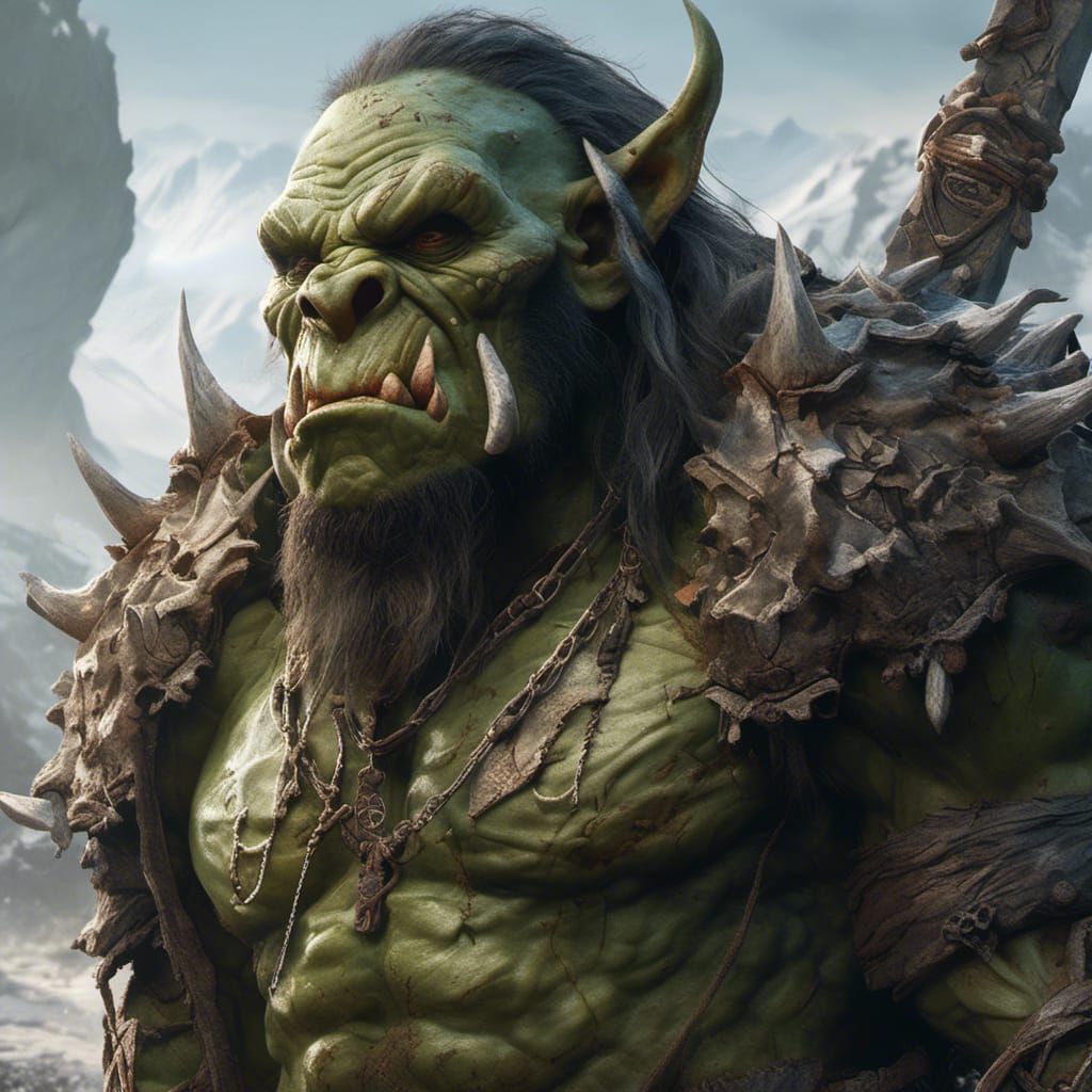 Hyperrealistic Green Orc Portrait with Tattoos