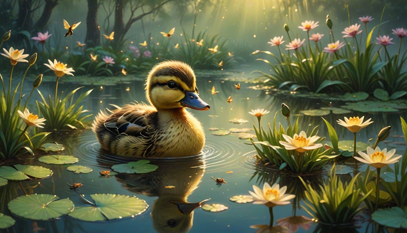 Duckling's Dance: A Whimsical Oil Painting