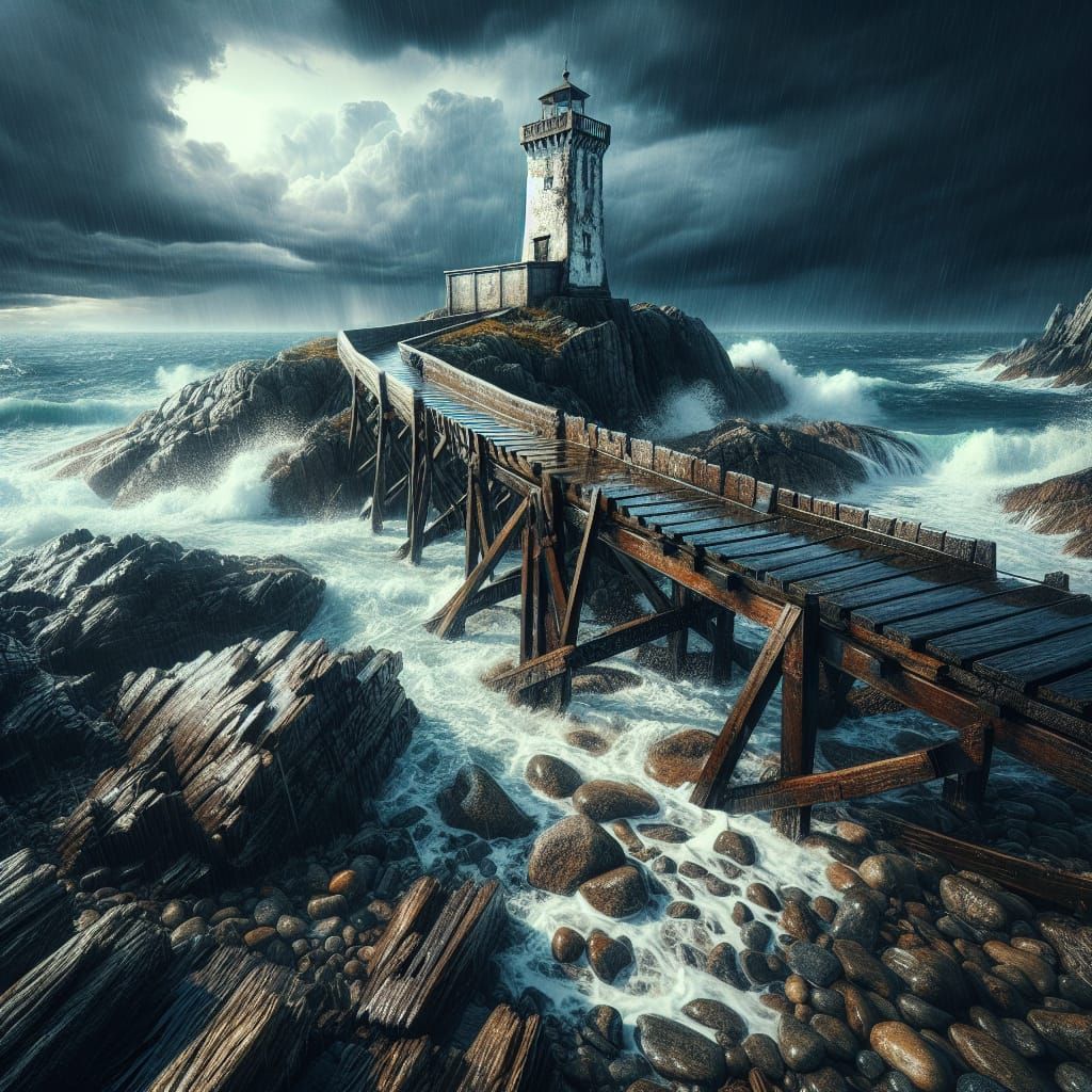 Weather-Beaten Lighthouse on Rocky Beach in Hyperrealism