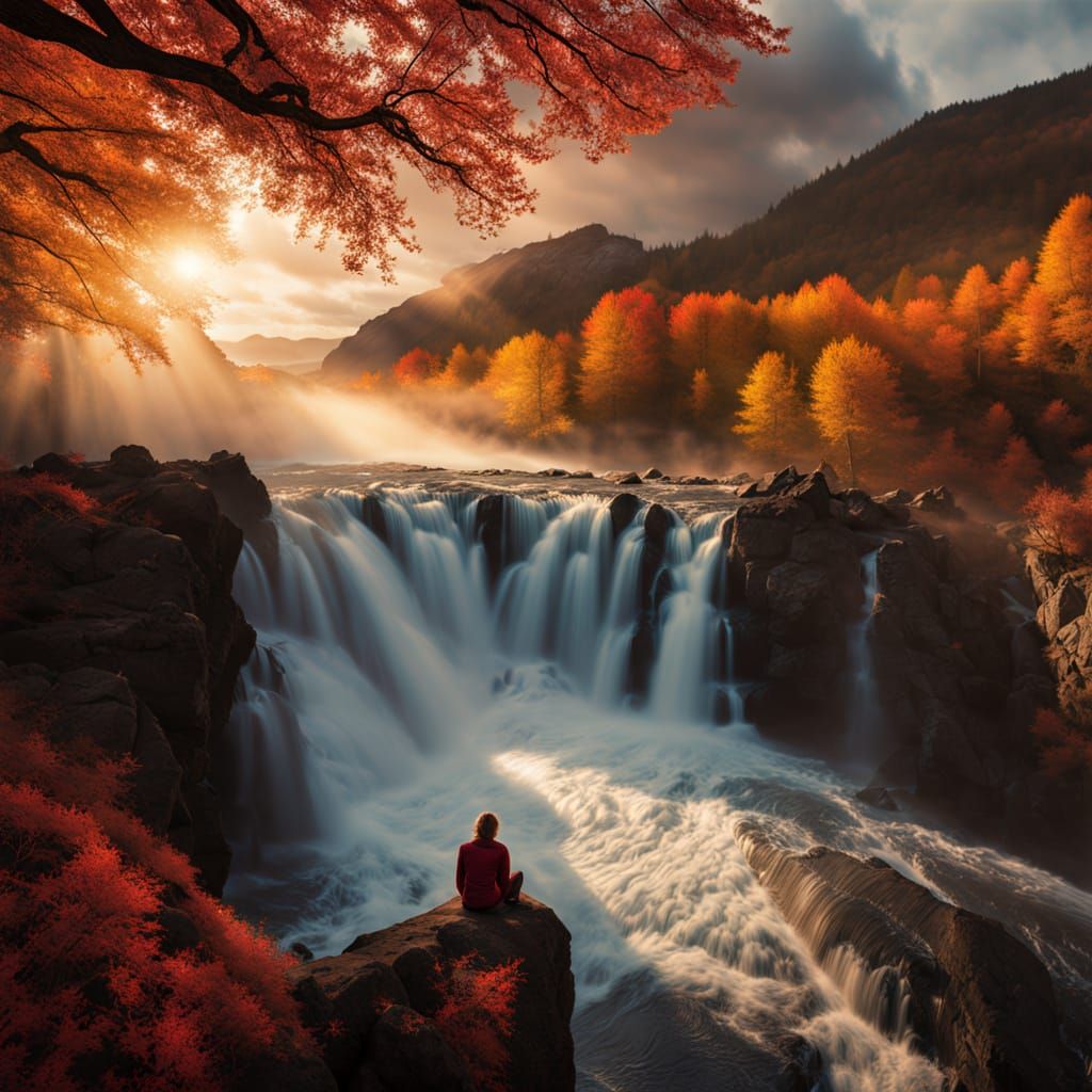 Lone Traveler Overlooks Autumn Mountain Cascade