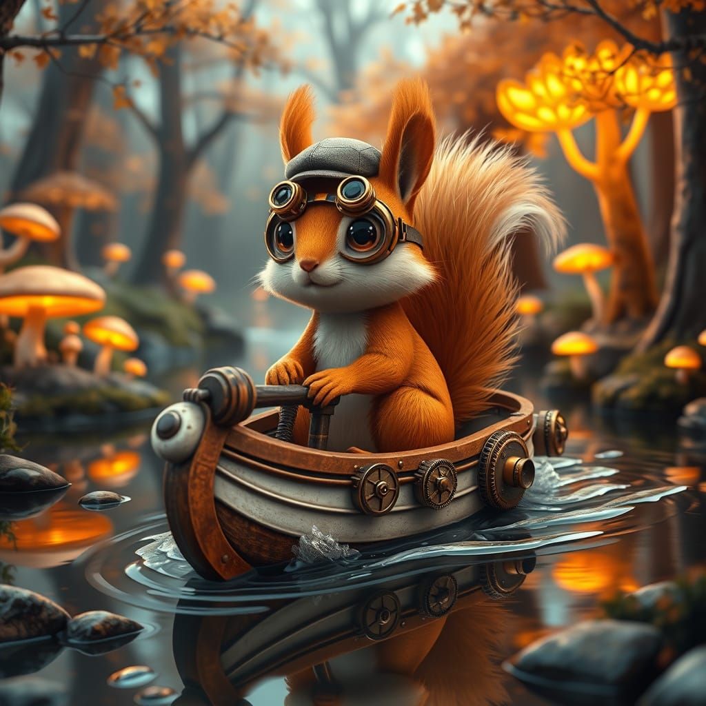 Whimsical Steampunk Squirrel in a Fantastical Forest Scene