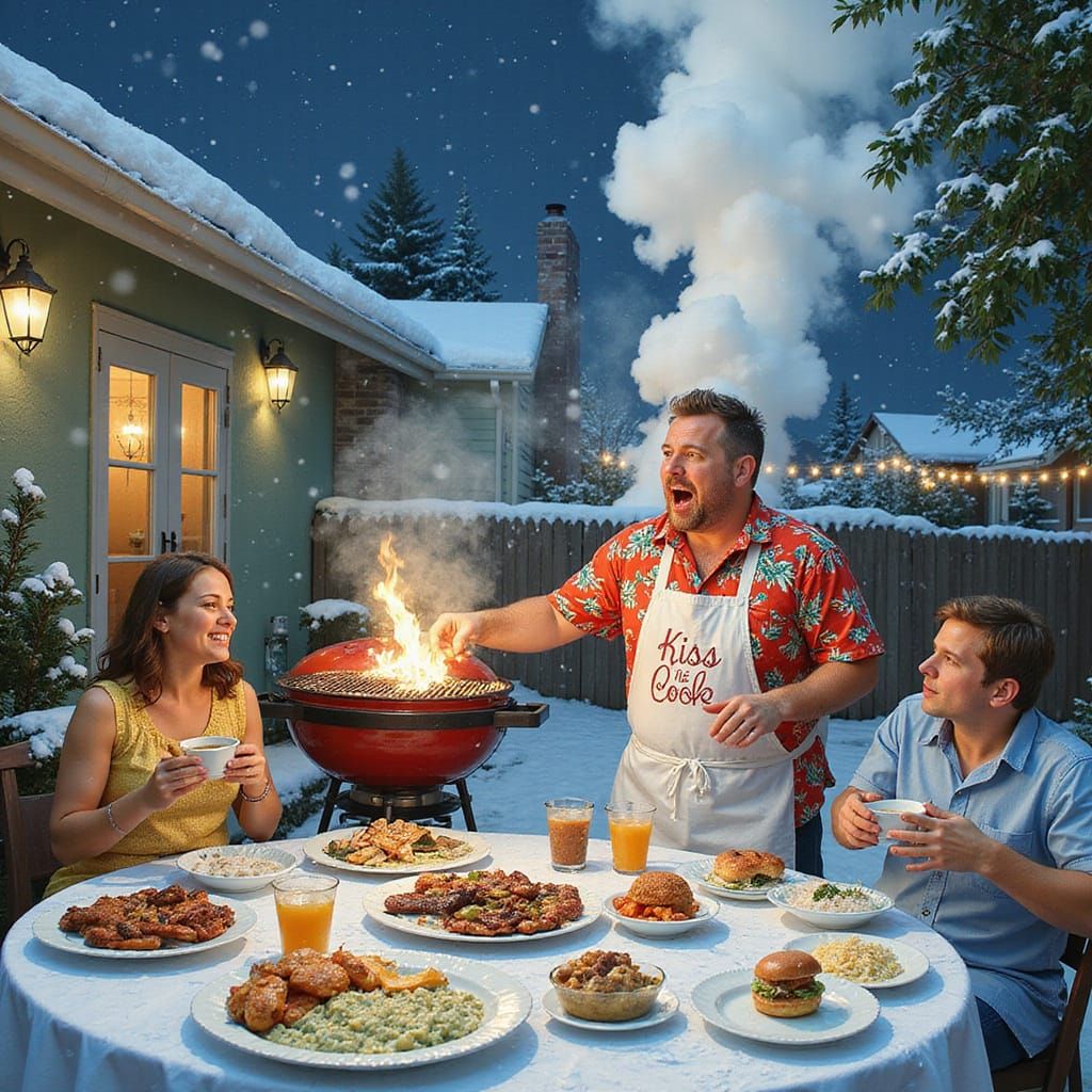 Comical Barbecue Chef in Blizzard, Acrylic Painting