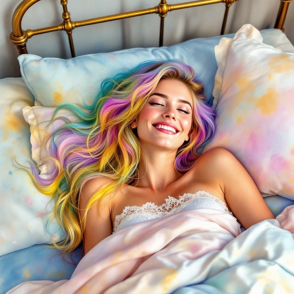 Woman in a Whimsical Watercolor Bed Scene