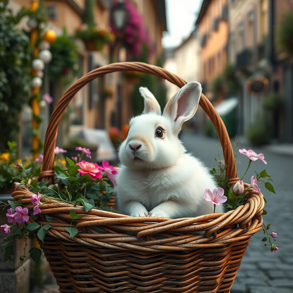 White Rabbit in Flower Basket, Fantasy Concept Art