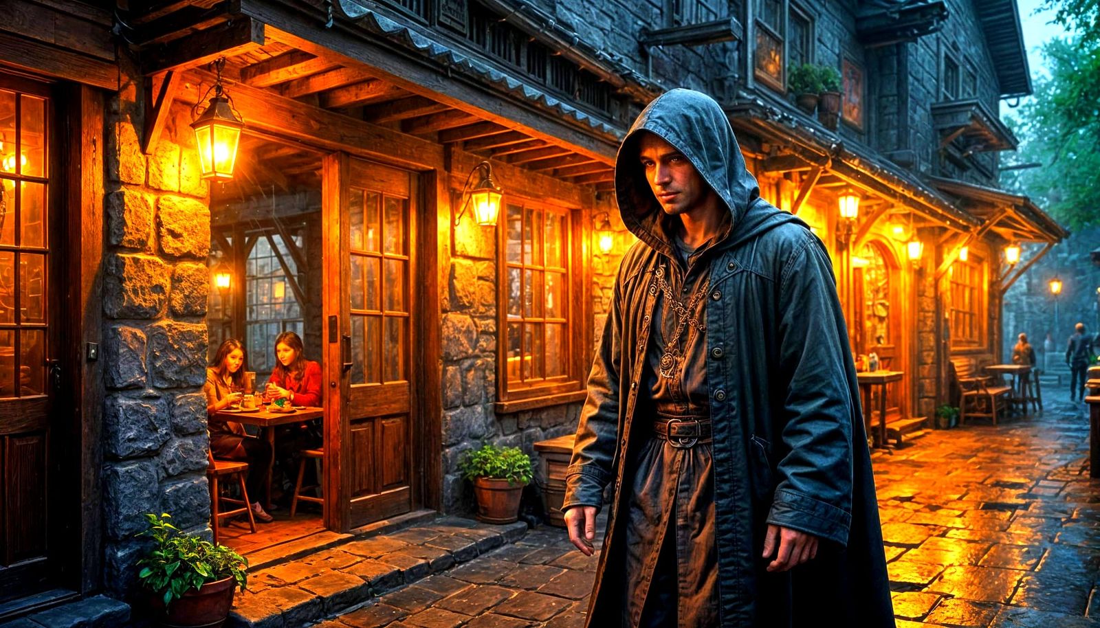 Medieval Alleyways Lit by Lanterns on Rainy Night