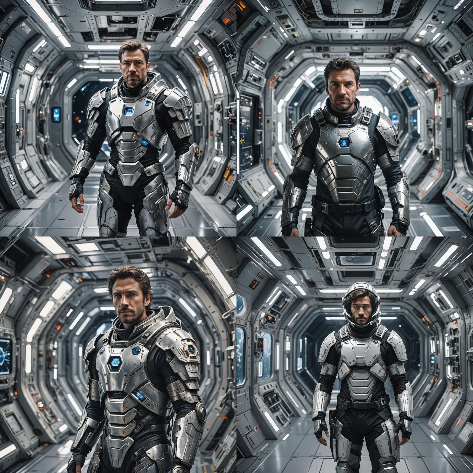 Futuristic Armored Figure in Space Station