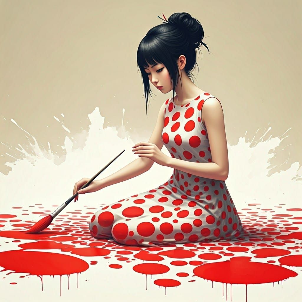 Japanese Woman Painting Polka Dots in Hyperrealistic Waterco...