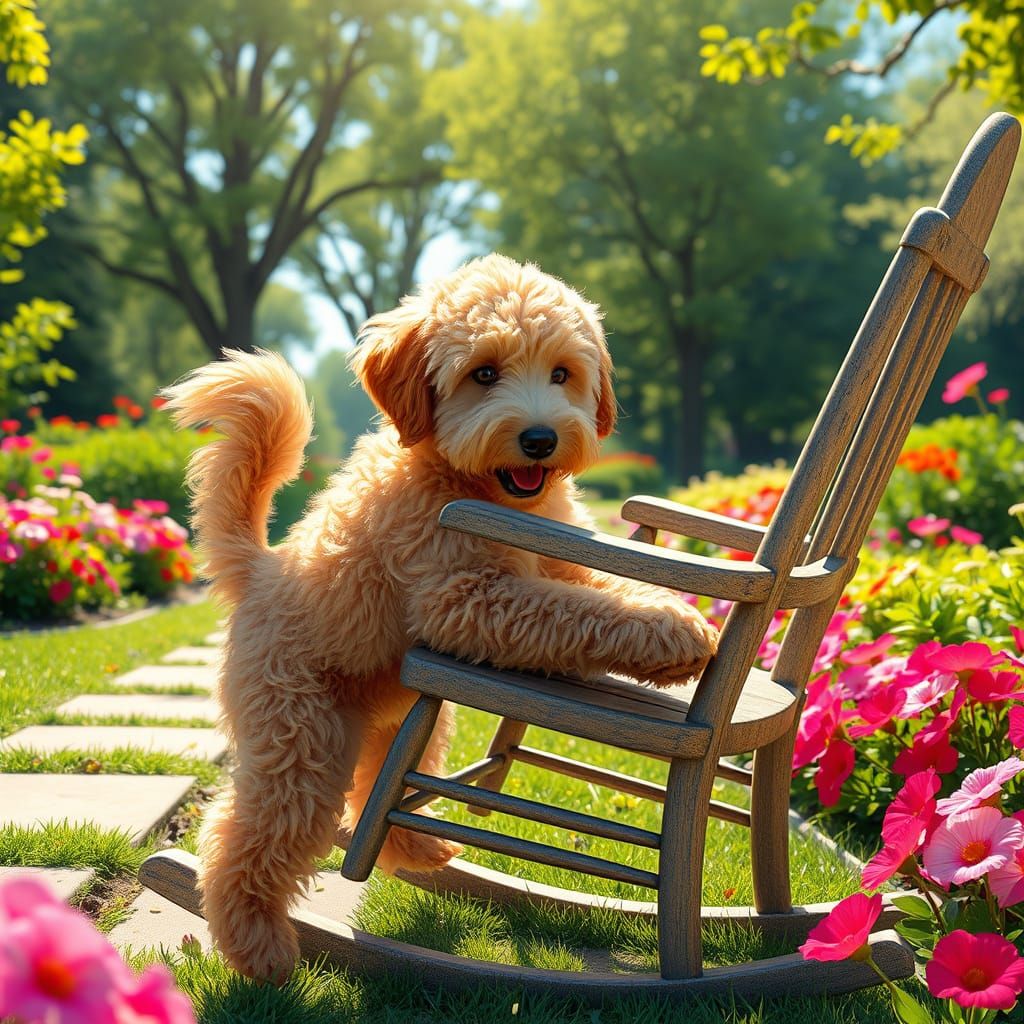 Golden Doodle Pushing Rocking Chair in Sunny Park
