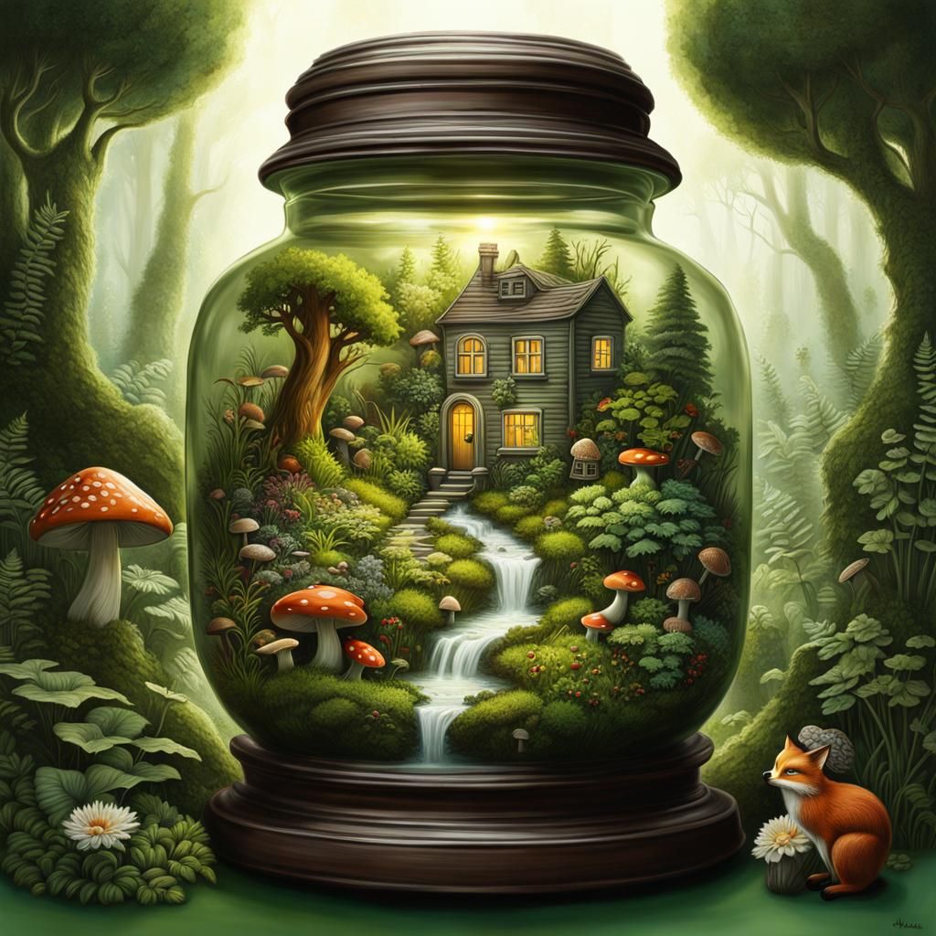 Lush Miniature Garden Ecosystem in Hyperrealistic Jar