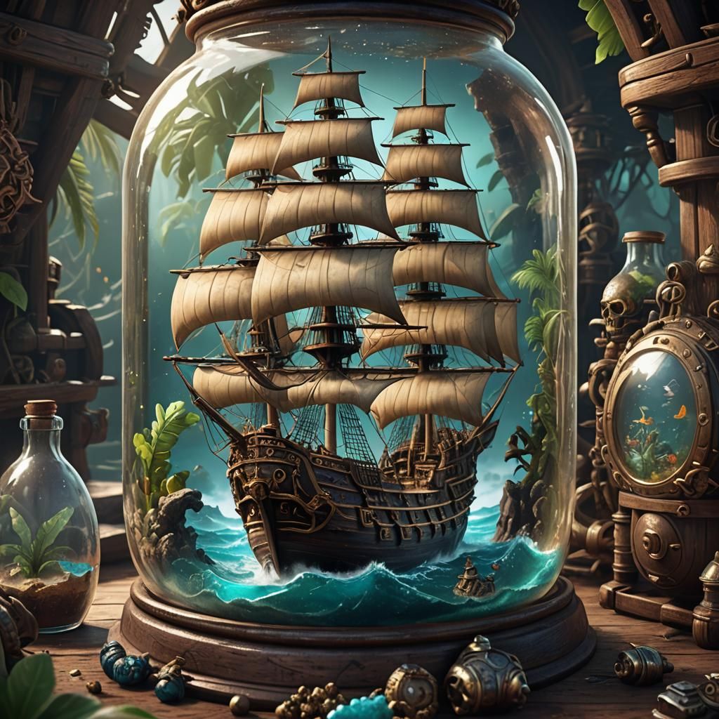 Caribbean Pirate Ship in Glass Bottle
