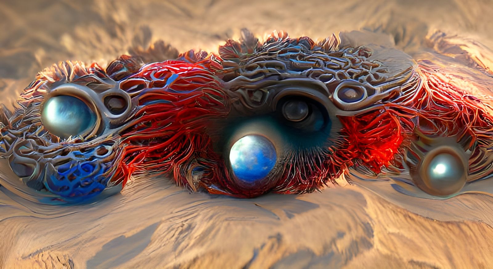 Floating Eyeball Mandelbulb in Silver, Blue and Red