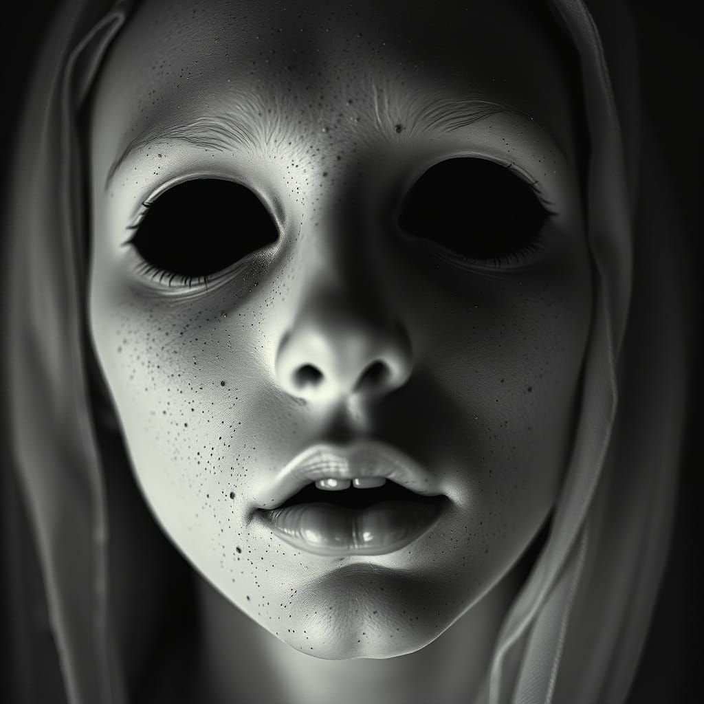 Eerie Macro Photogravure of Face with Pearl-Incrusted Holes