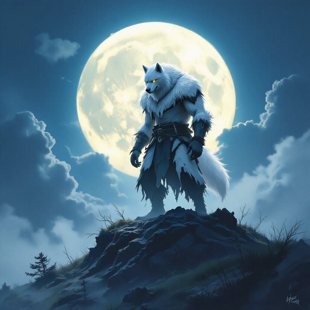 Majestic White Werewolf Under Full Moon, Sinister Art