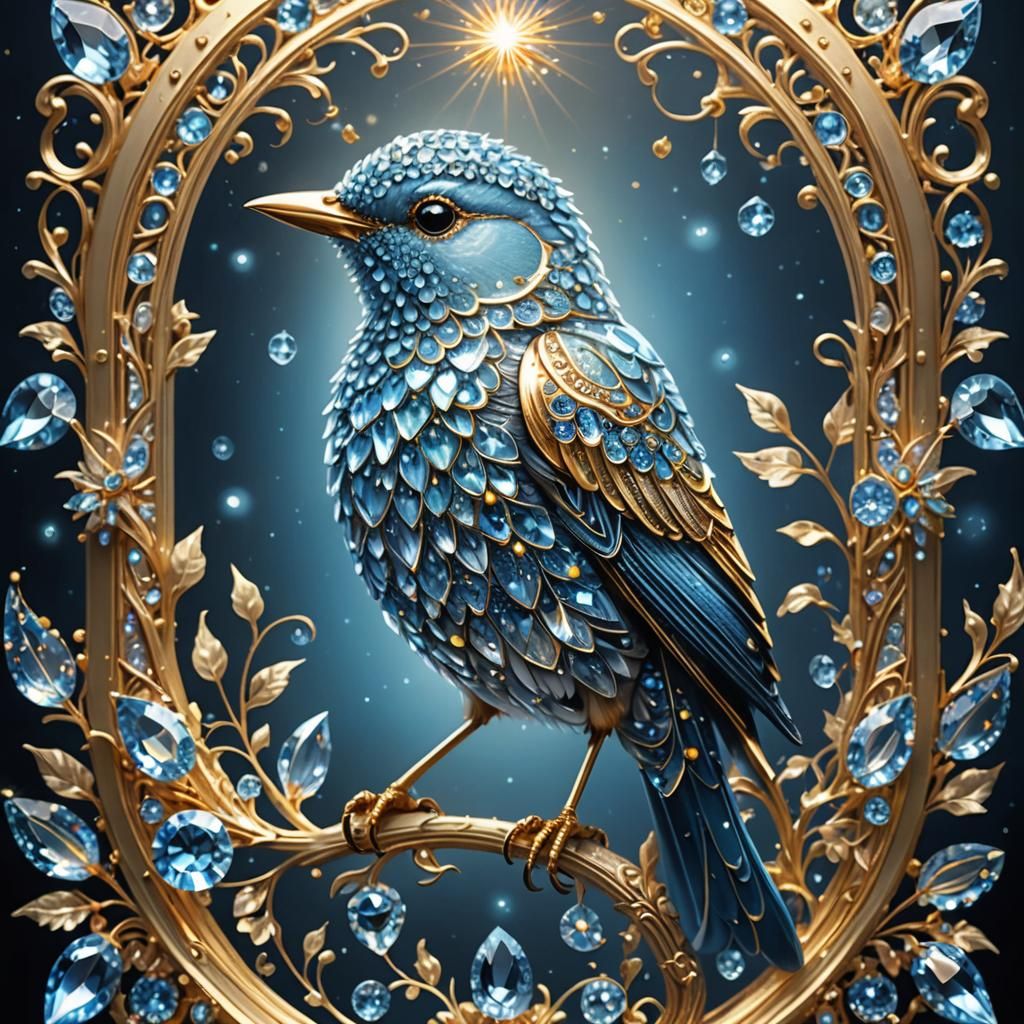 Crystal Blue Bird with Golden Filigree Details