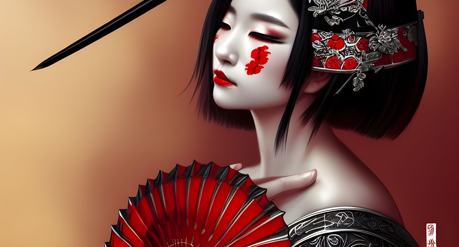 Geisha with Red Makeup and Silver Armour