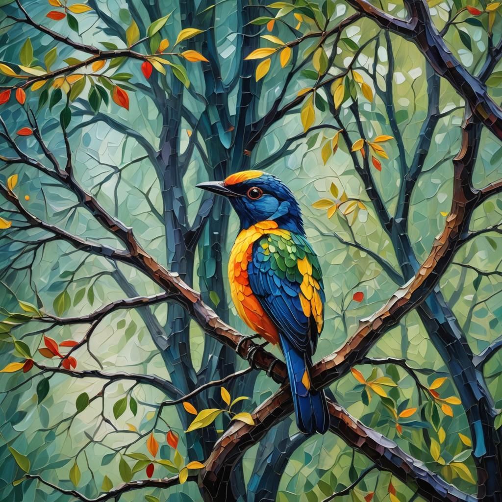 Vibrant Summer Tree Bird in Surrealist Neo-Impressionist Oil...