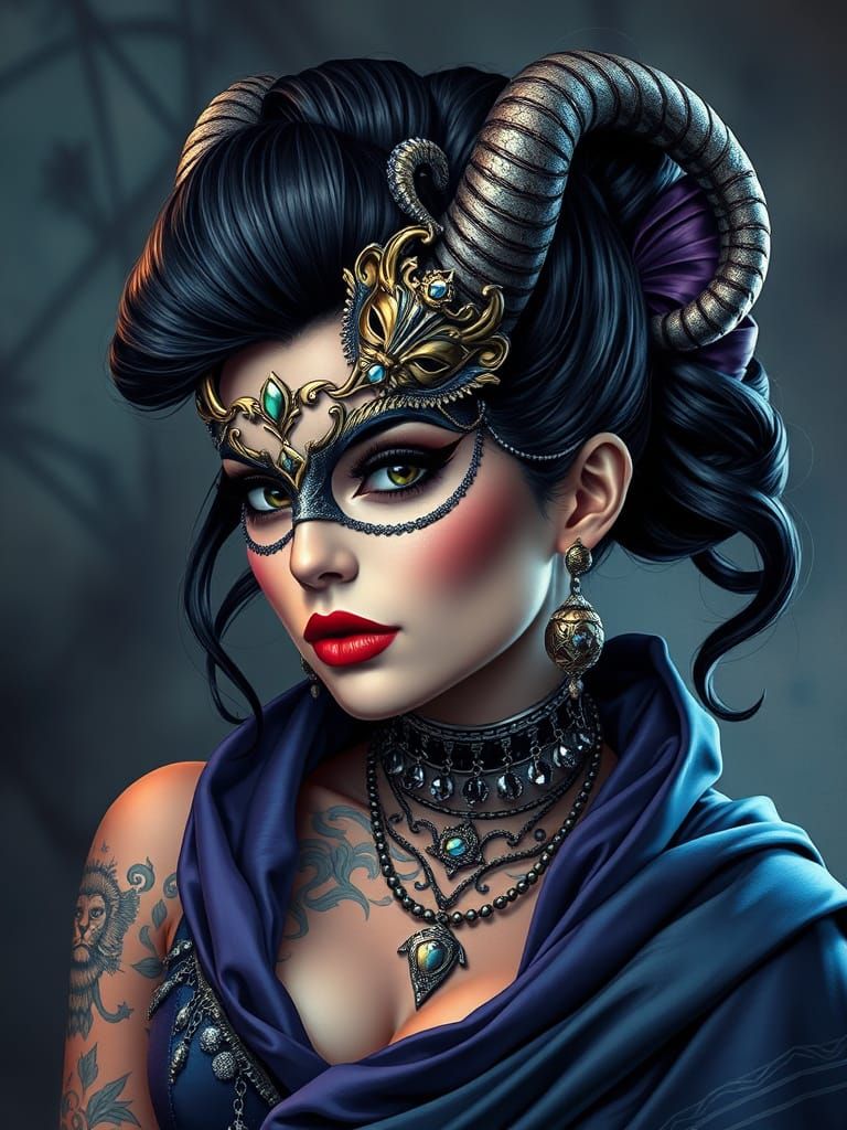 Chimera Woman with Alchemy Tattoos in Pop Art Style