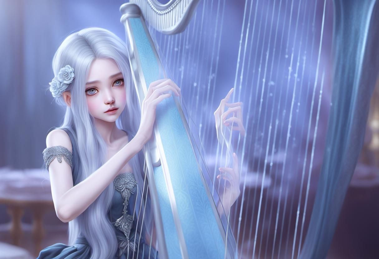 Sad Beauty Playing Harp in Hyperrealistic Detail