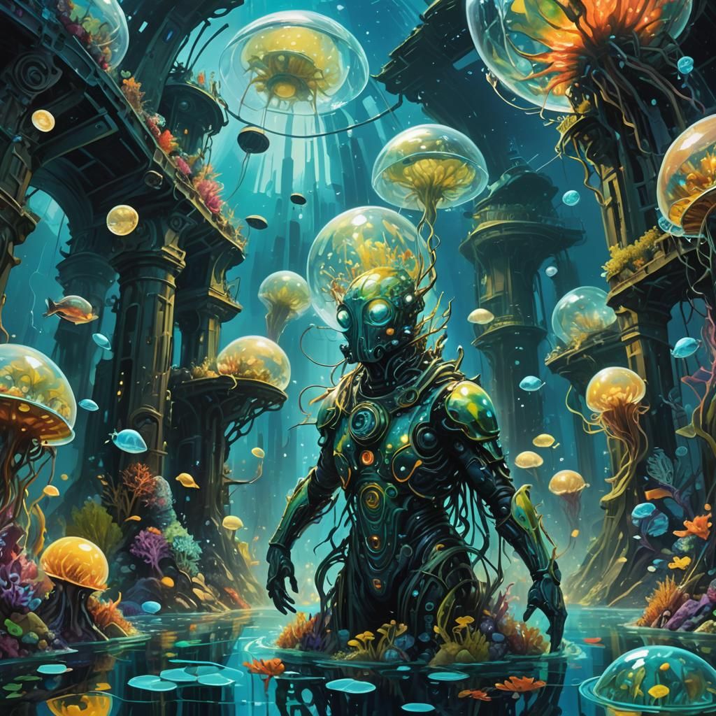 Underwater metropolis nestled in a bioluminescent coral reef...