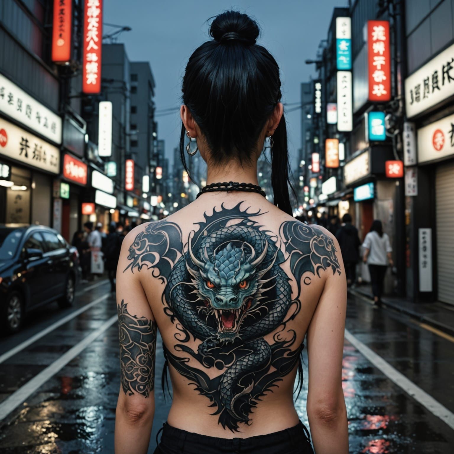 Gothic Woman with Dragon Tattoo in Rainy Shibuya