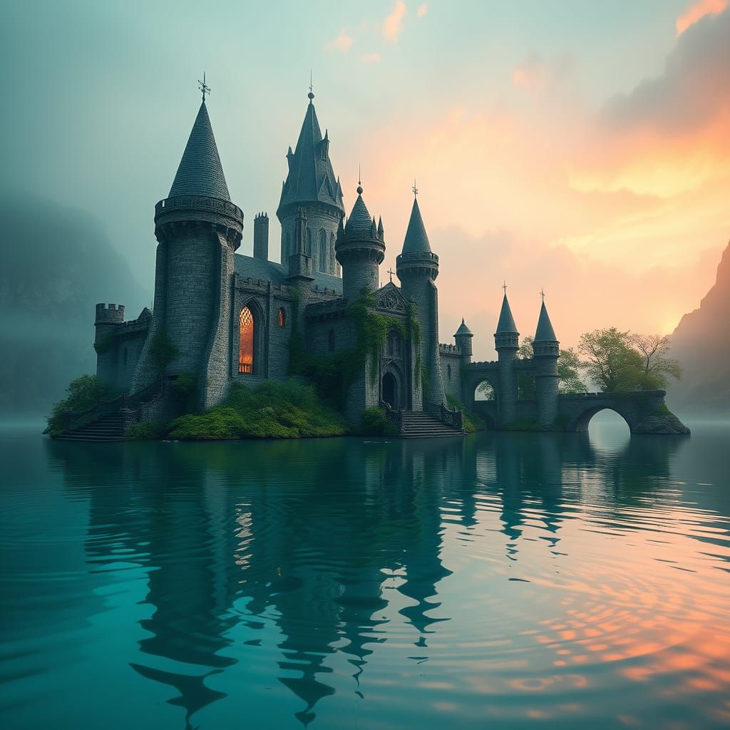 Medieval Castle Reflecting Misty Sunset