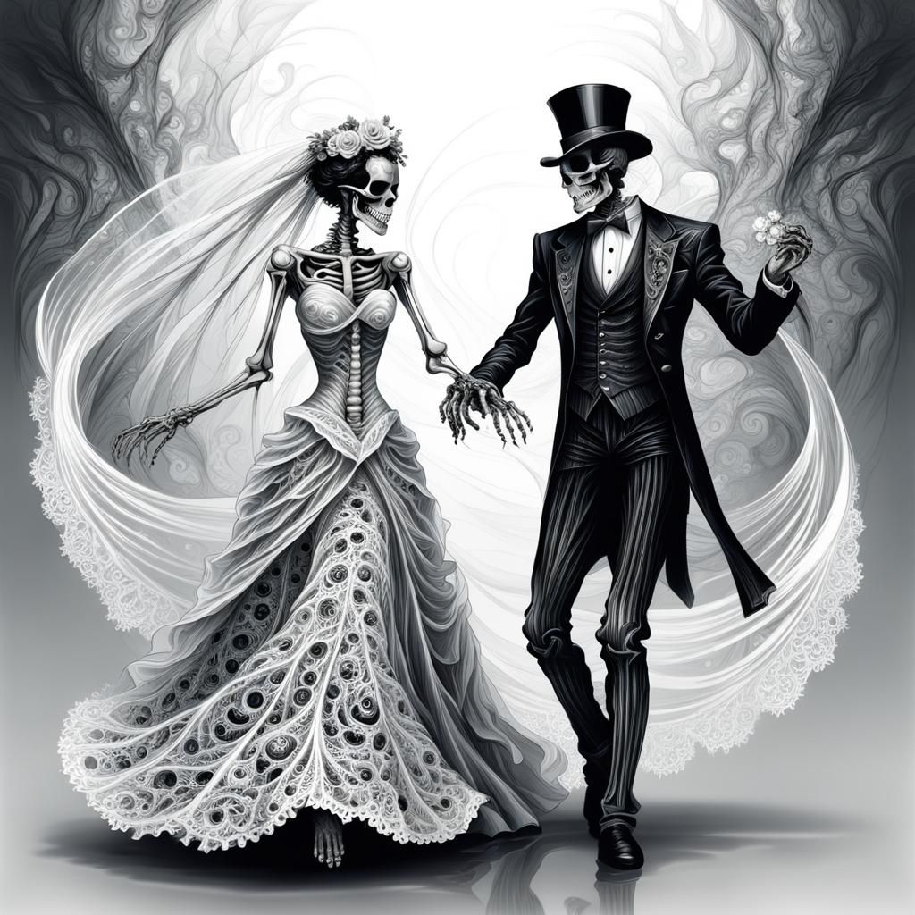 Skeleton Bride and Groom Dancing in Luis Royo Style