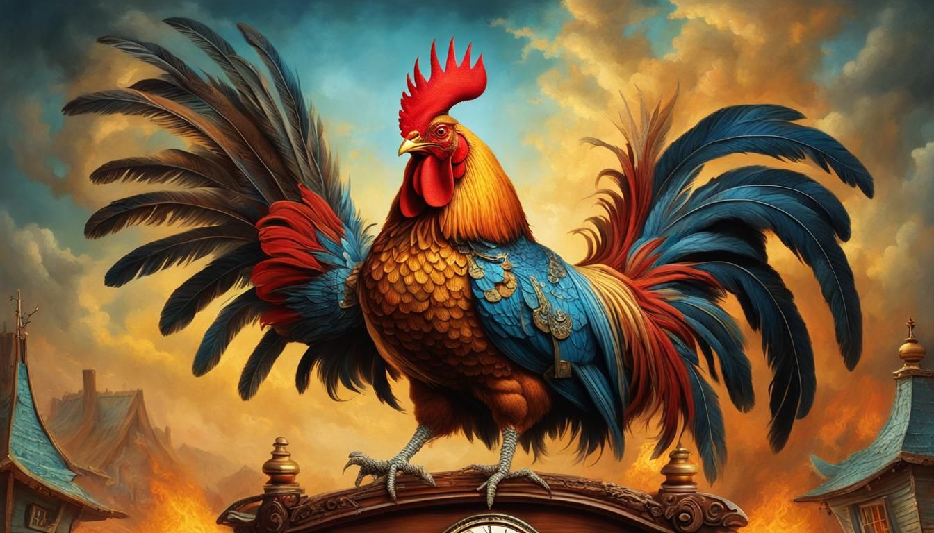 Cowboy Rooster on Burning Clock, Digital Illustration