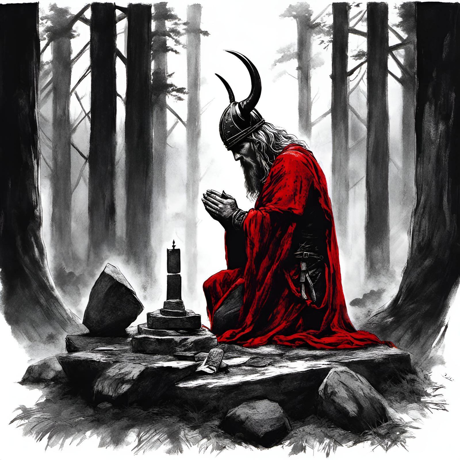 Viking Prayer at Stone Altar in Grimdark Style