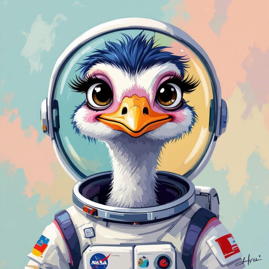 Whimsical Astronaut Ostrich Portrait in Painterly Style