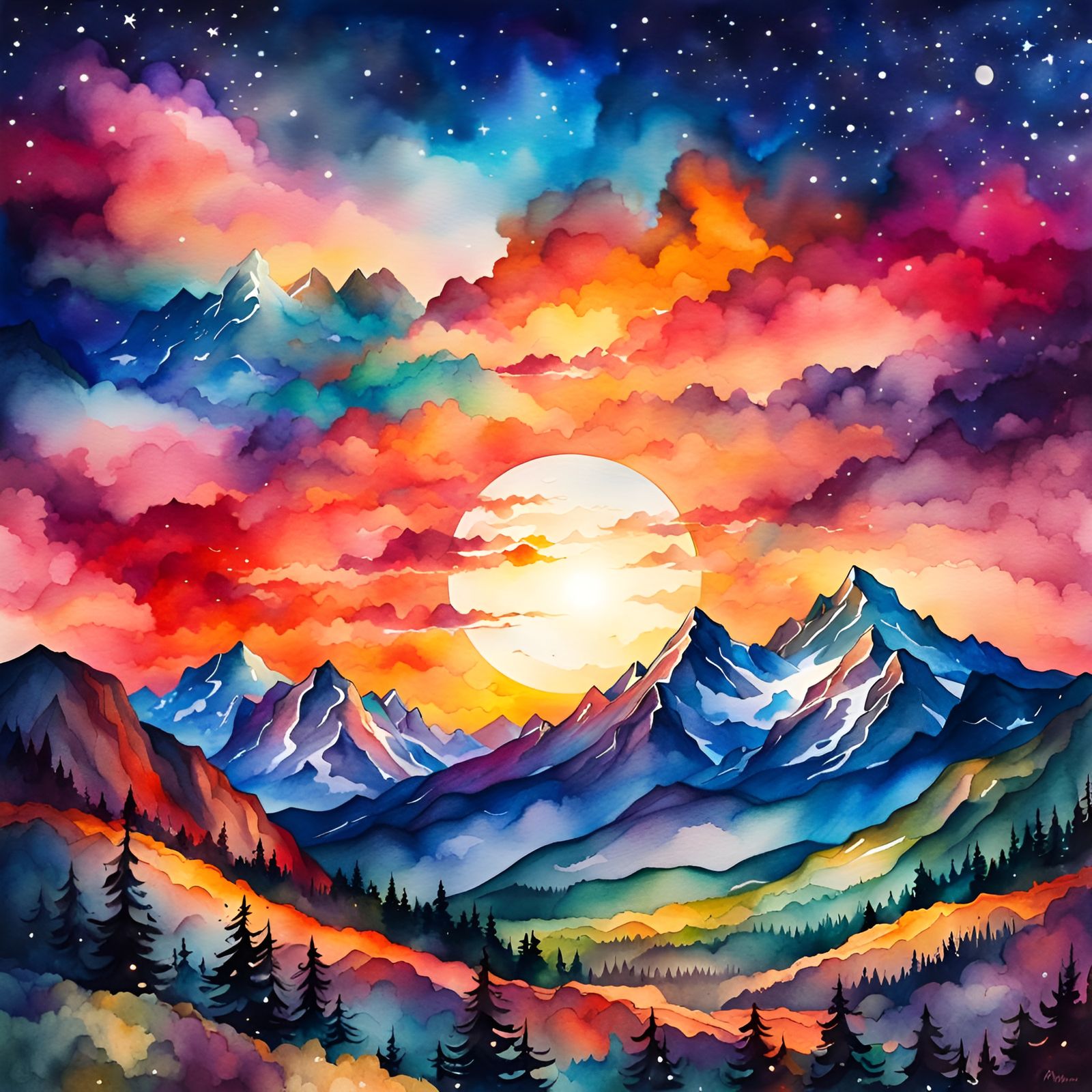 Magical Watercolor Mountain Sunset with Blue Moon