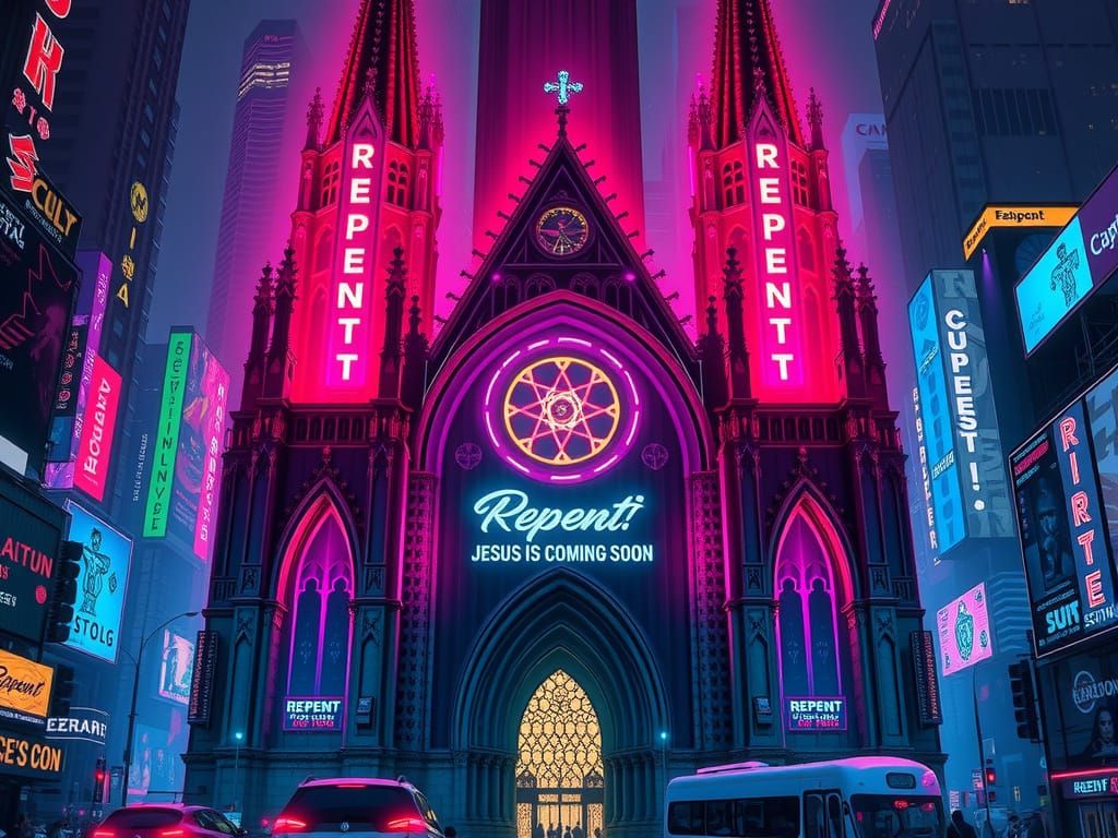Cyberpunk Cathedral with Neon Signs