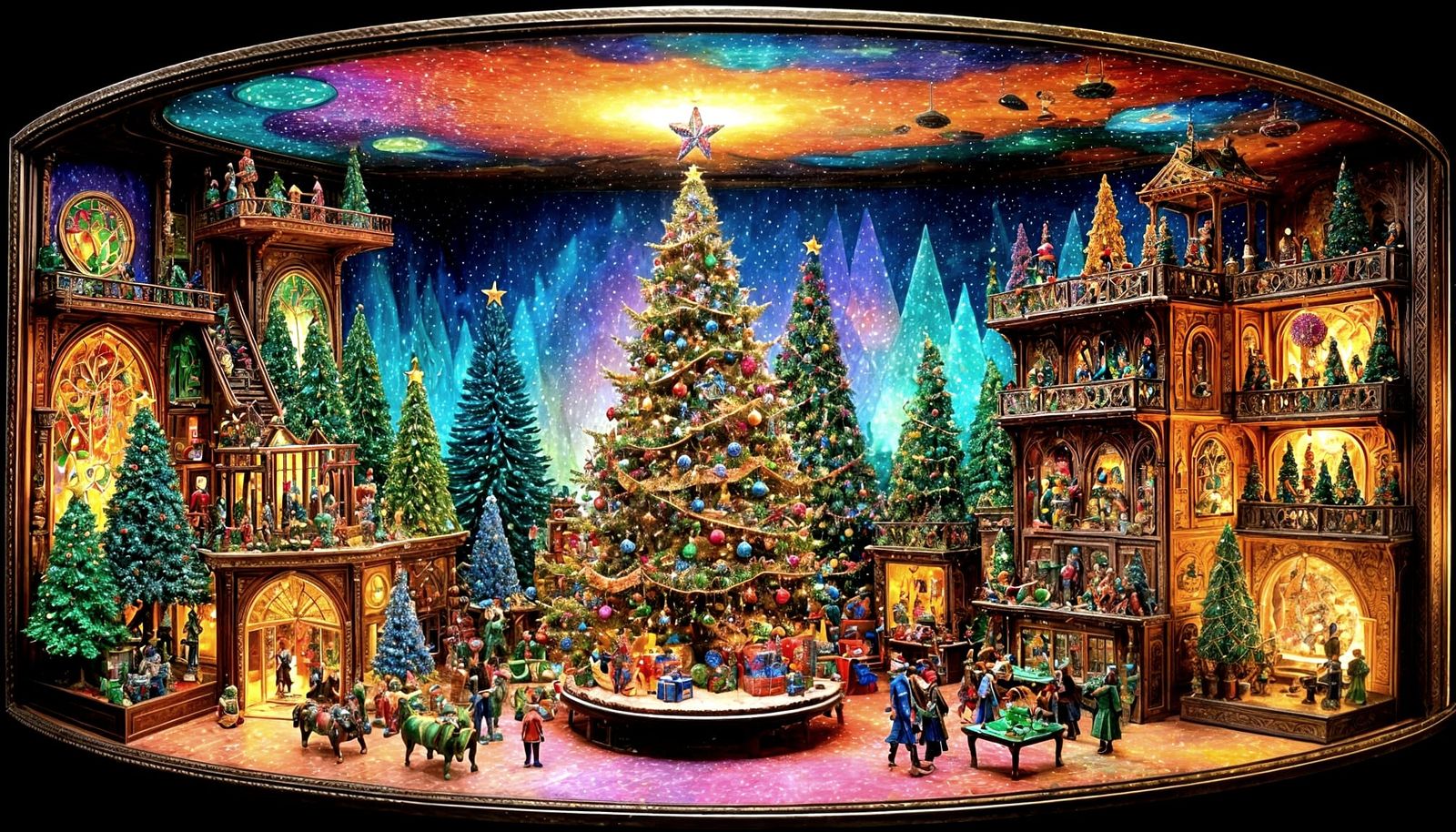 Vibrant Christmas Tree Diorama with Psychedelic Accents
