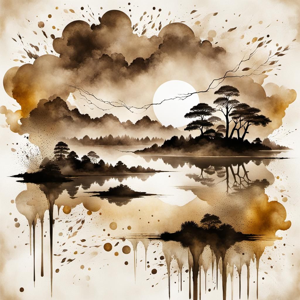 Sumi-e Lightning Scene in Geometric Pop Art Style