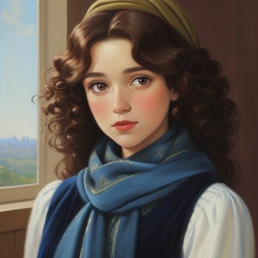 Woman with Headscarf in Velvet Dress, Oil Painting