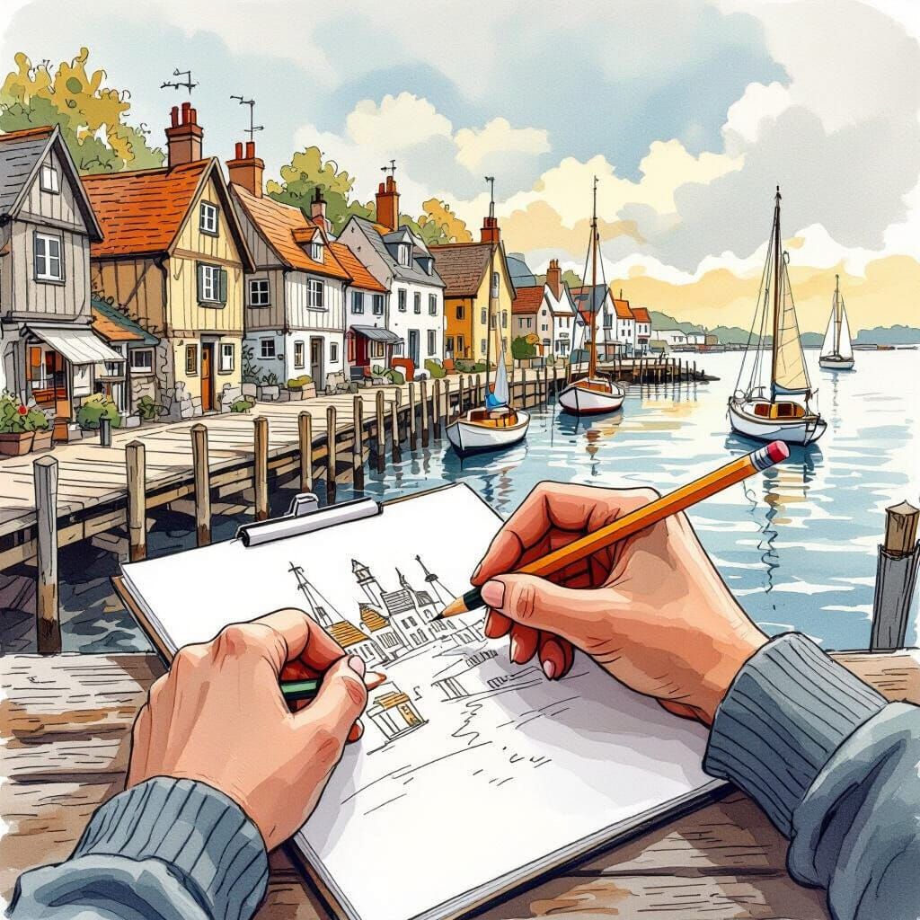 Sketch of Serene Seaside Town in Whimsical Style