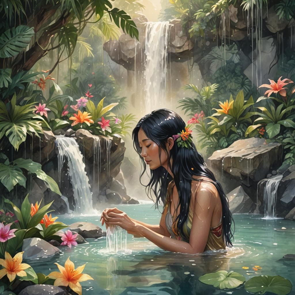 Asian Woman in Tropical Waterfall, Watercolor Art