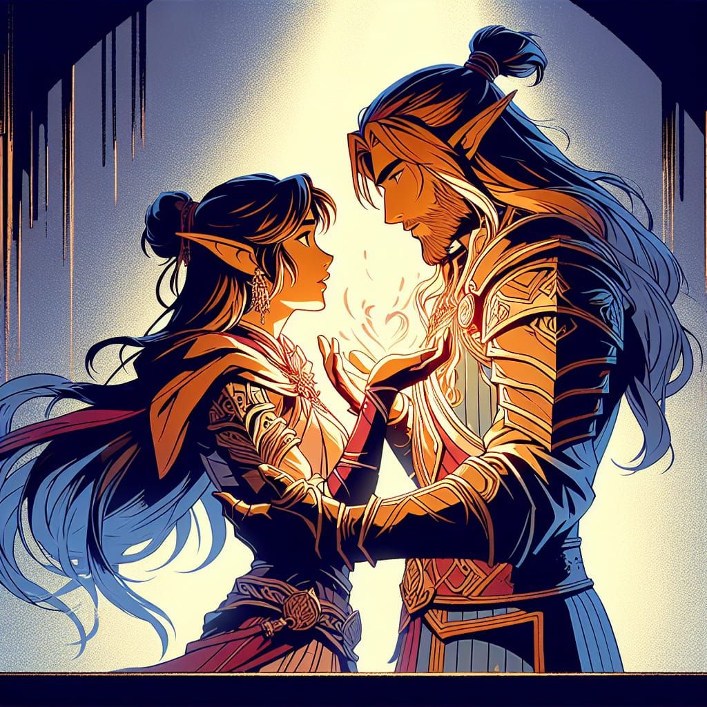 Elf and Human Warriors: A Romantic Graphic Novel Scene