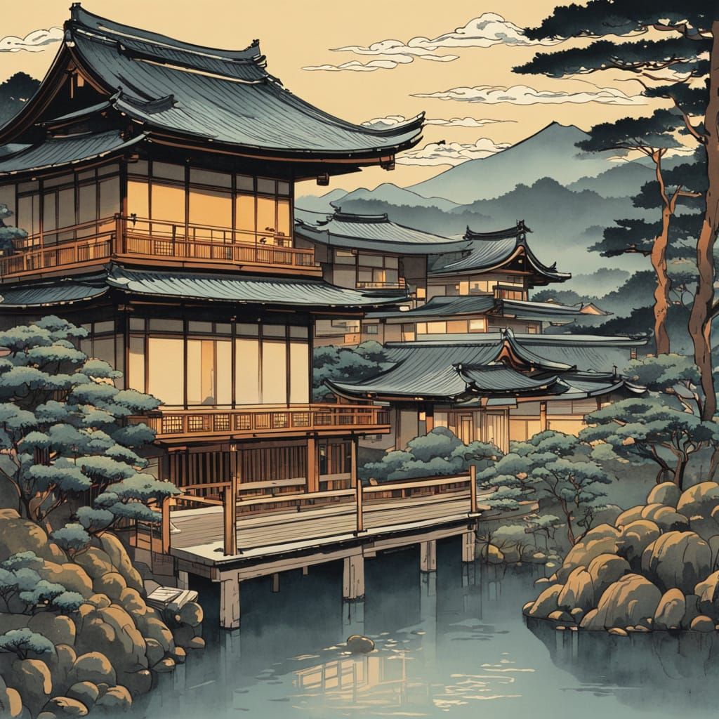 Ryokan Onsen in Japanese Woodblock Style