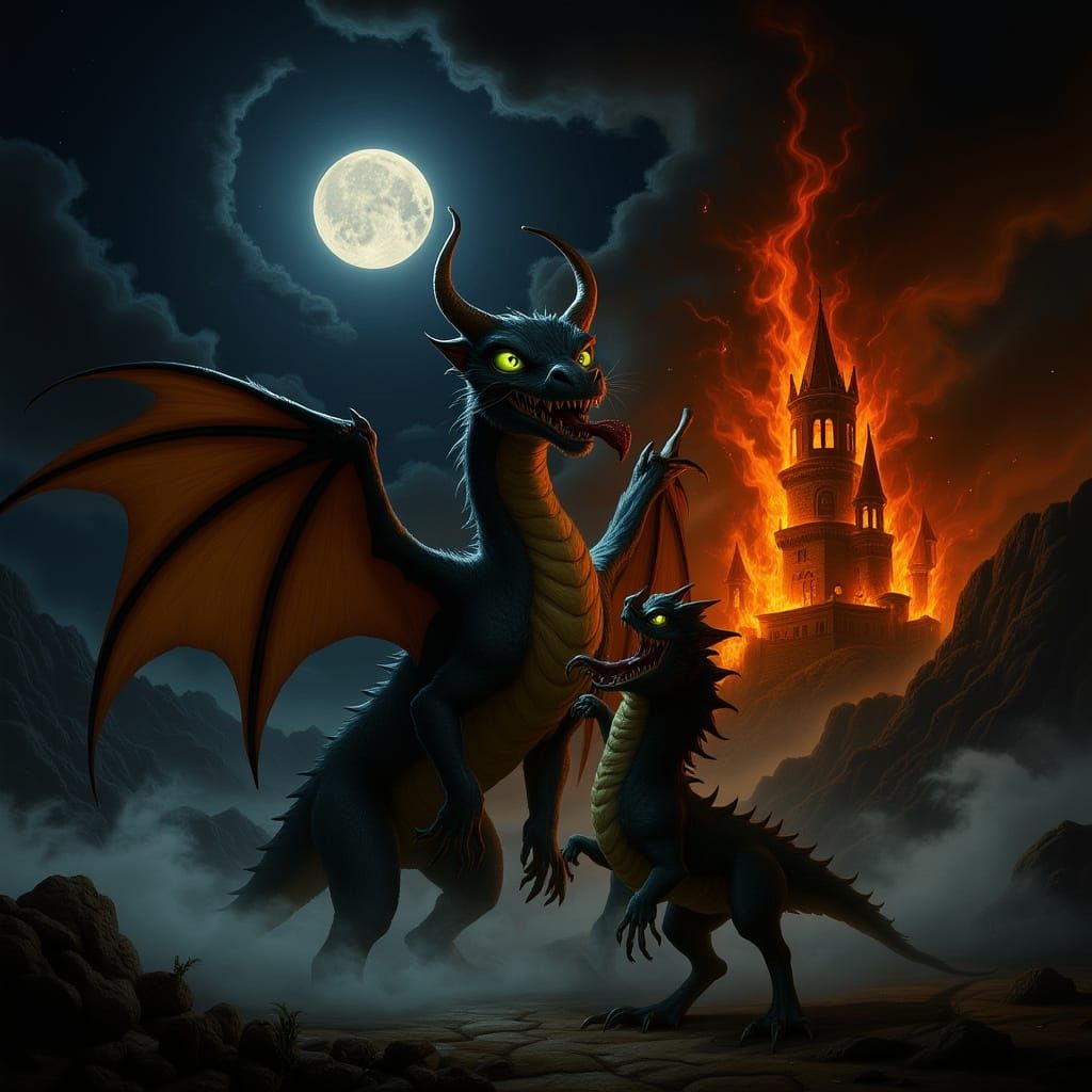 Dragon and Dragonling Before Fiery Castle Under Moon