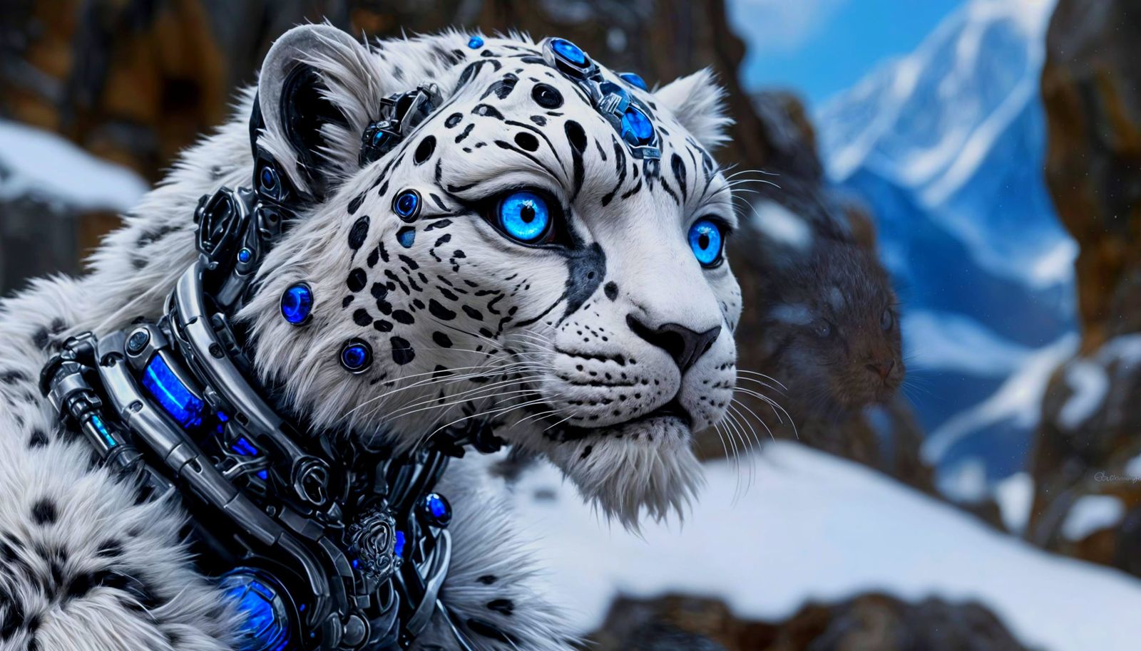 Photorealistic Snow Leopard Cyborg in Snowy Mountains