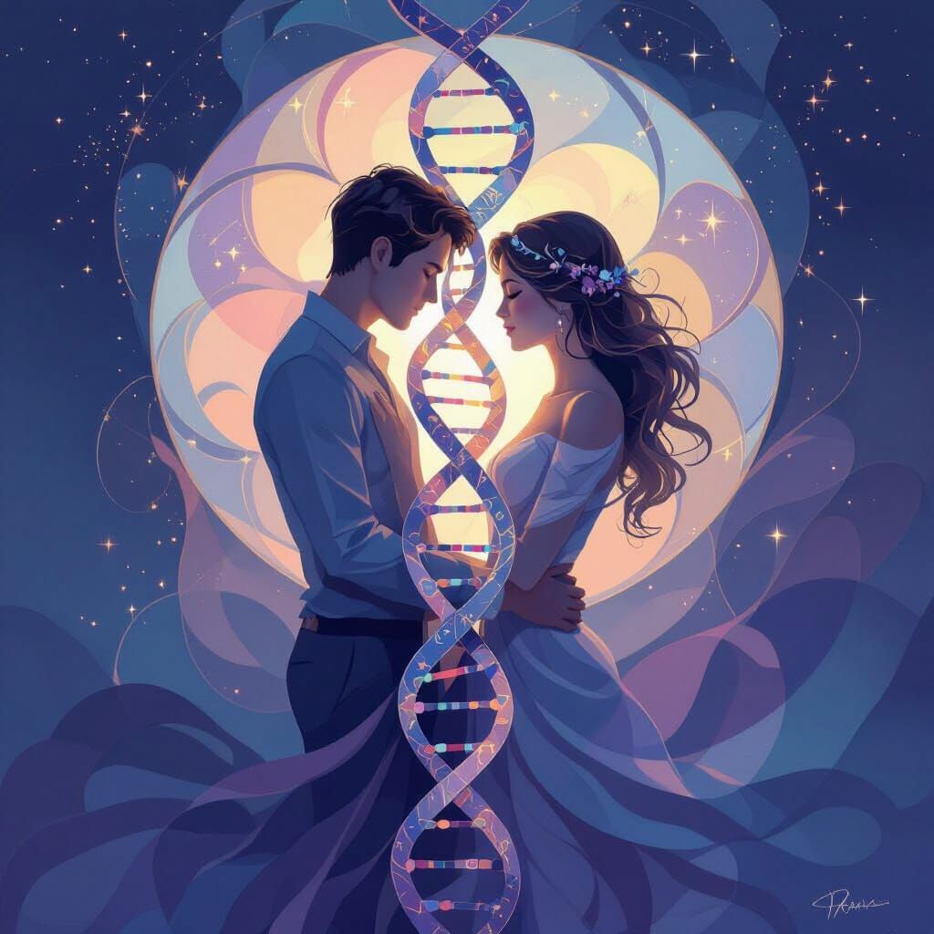 Embracing DNA Double Helix Symbolizing Love in Ethereal Digi...