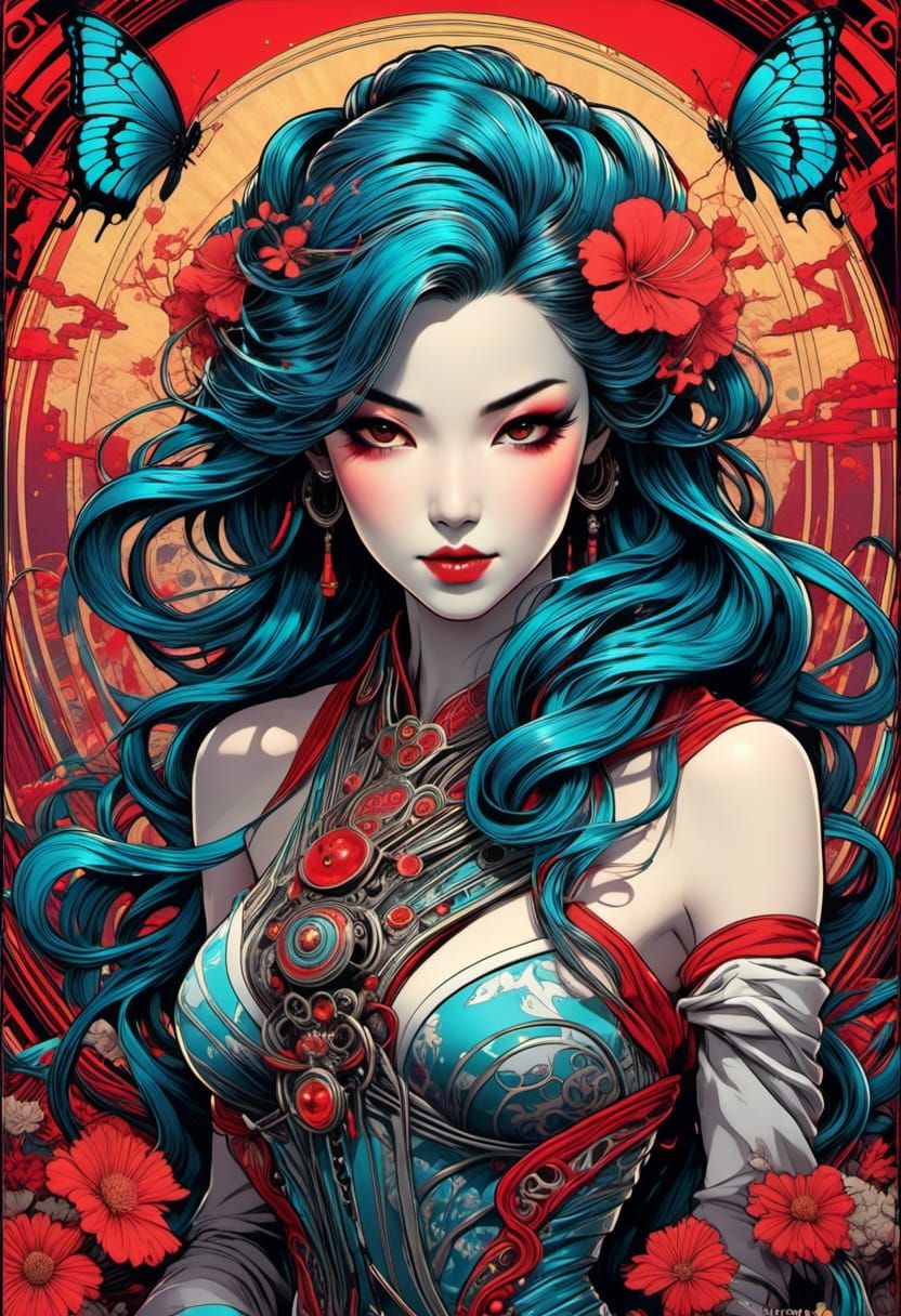 Cyber Geisha in Cell-Shaded Inkpunk Style