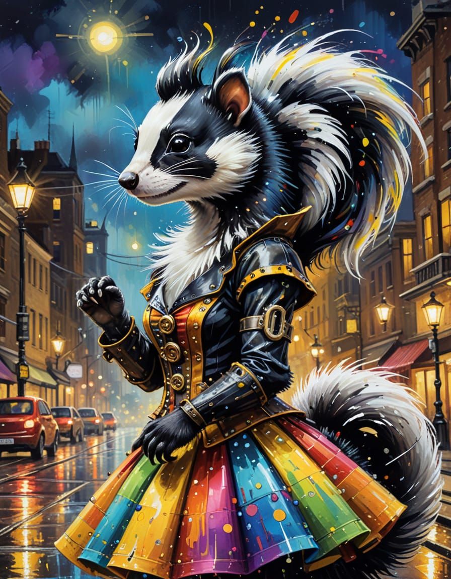 Steampunk Skunk in Rainbow Dress Oil Painting