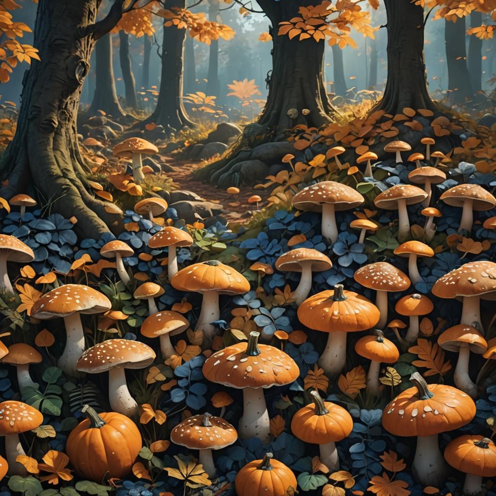 Autumnal Mushrooms and Pumpkins in Dappled Light